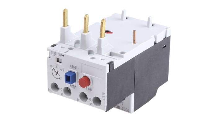 Relè di sovraccarico termico Lovato RF382300, 3 poli, corrente nominale 38 A, montaggio su contattori BF09-BF38, dimensioni 45x80,7x81 mm.