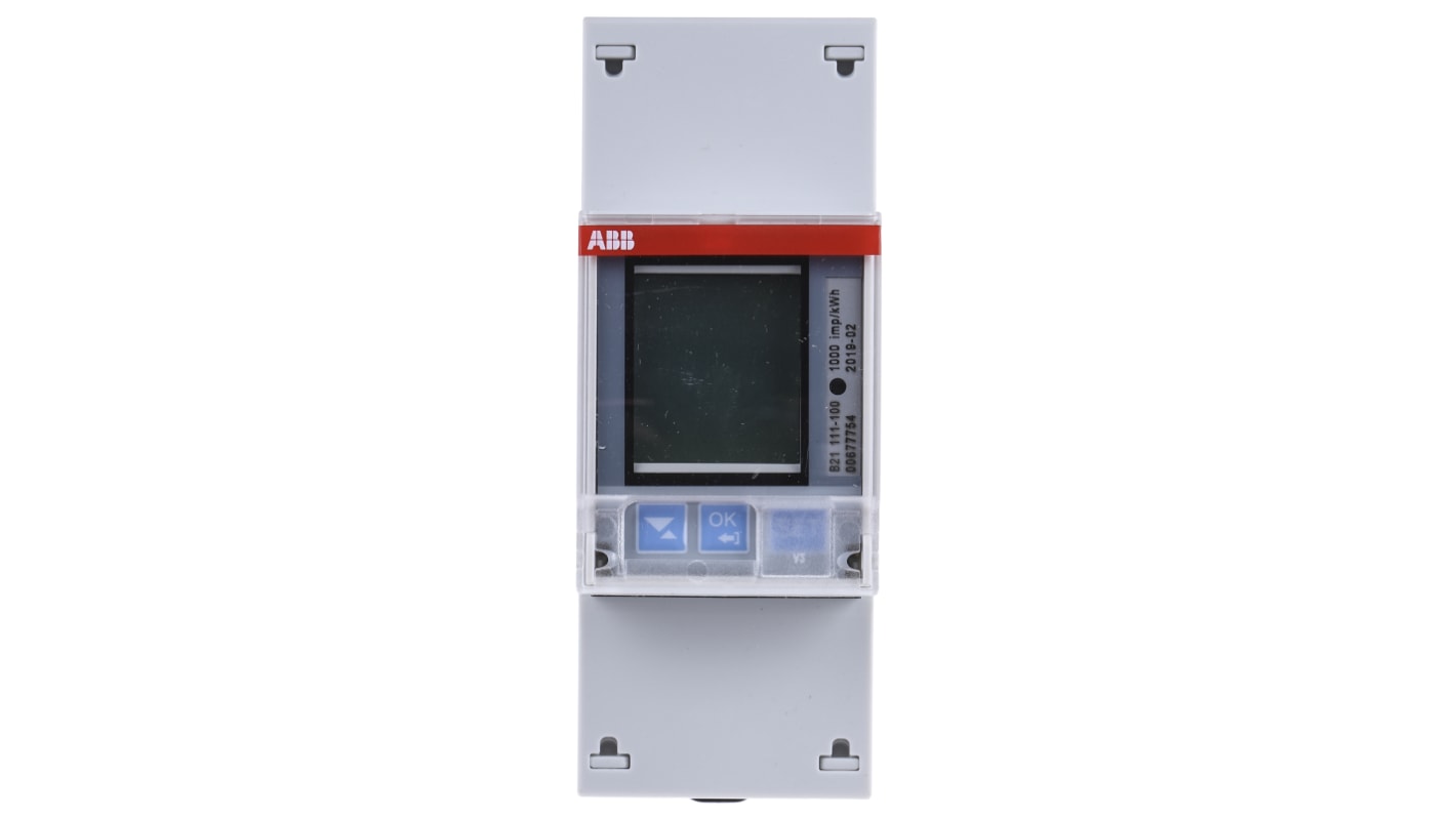 Contatore di energia monofase ABB 2CMA100149R1000, montaggio su guida DIN, display LCD, corrente massima 65 A, dimensioni 97 x 35 x 65 mm.