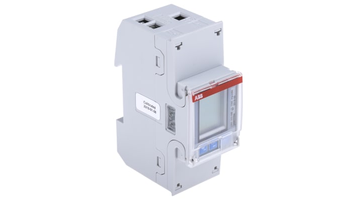 Contatore di energia monofase ABB 2CMA100149R1000, montaggio su guida DIN, display LCD, corrente massima 65 A, dimensioni 97 x 35 x 65 mm.