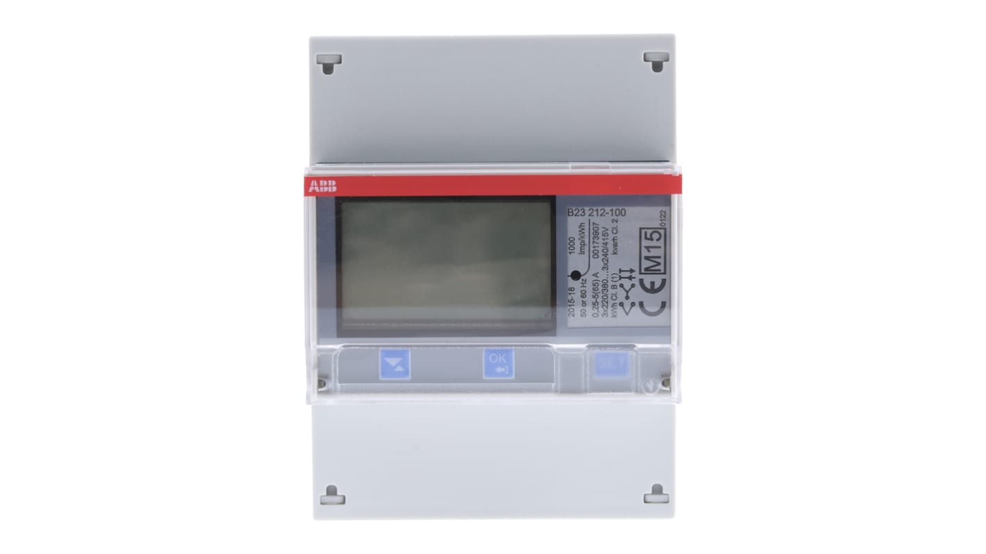 Contatore di energia trifase ABB 2CMA100166R1000 B23 212-100, precisione 1%, display LCD, IP20, dimensioni 70x26.5x65 mm.
