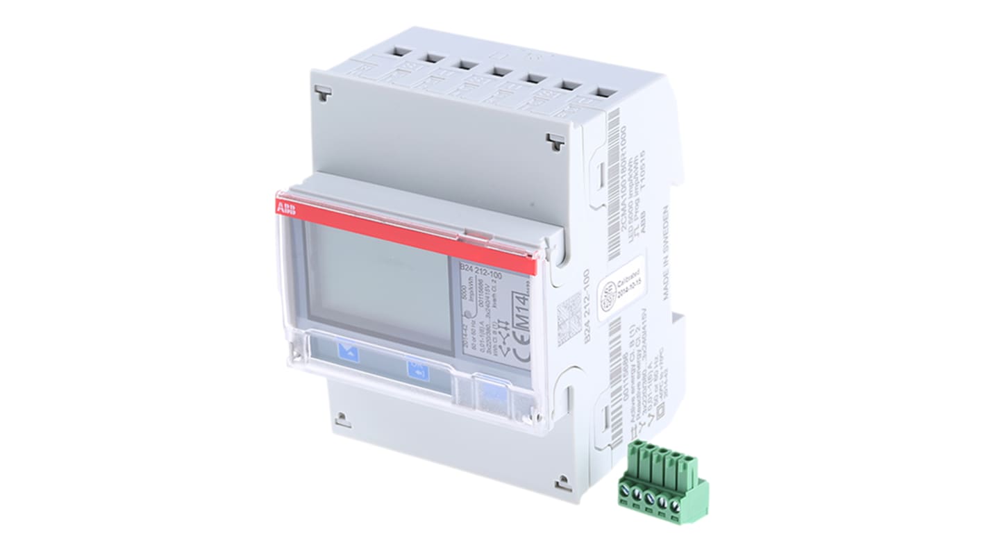Contatore di energia ABB 2CMA100180R1000, 3 fasi, montaggio su guida DIN, display LCD, dimensioni 70 x 26,5 x 65 mm.