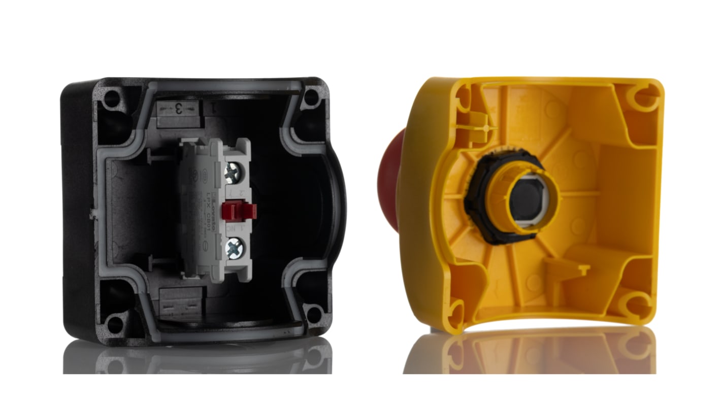 Pulsante di arresto di emergenza Lovato S1PY91KS, montaggio superficiale, diametro 40mm, grado di protezione IP66/IP67/IP69K, colore giallo.