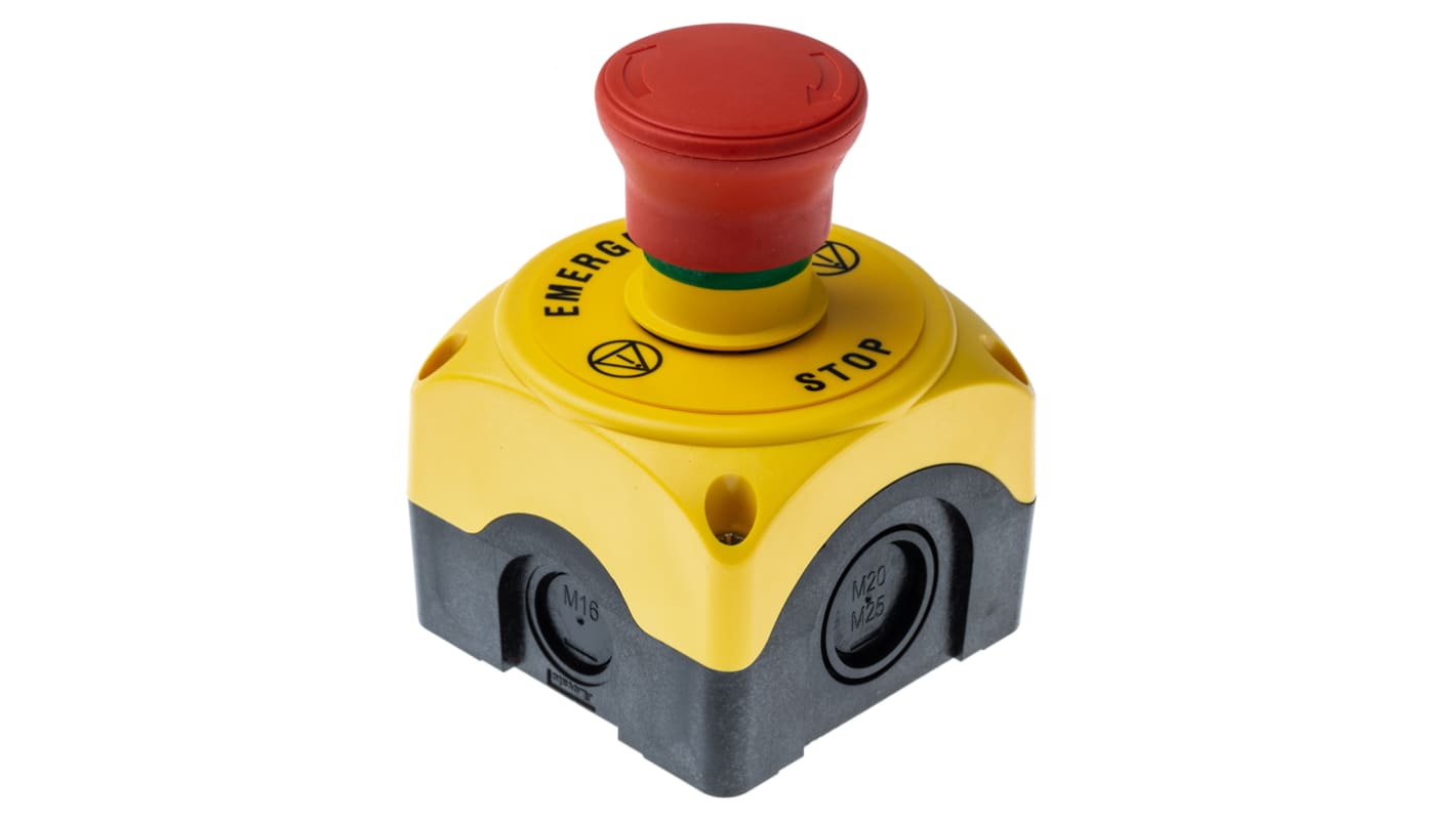 Pulsante di arresto di emergenza Lovato S1PY91, montaggio superficiale, testa a fungo, grado di protezione IP66/IP67/IP69K. Dimensioni 72x72x97.4 mm.