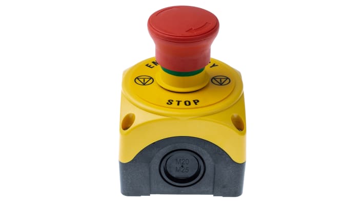 Pulsante di arresto di emergenza Lovato S1PY91, montaggio superficiale, testa a fungo, grado di protezione IP66/IP67/IP69K. Dimensioni 72x72x97.4 mm.