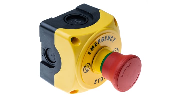 Pulsante di arresto di emergenza Lovato S1PY91, montaggio superficiale, testa a fungo, grado di protezione IP66/IP67/IP69K. Dimensioni 72x72x97.4 mm.