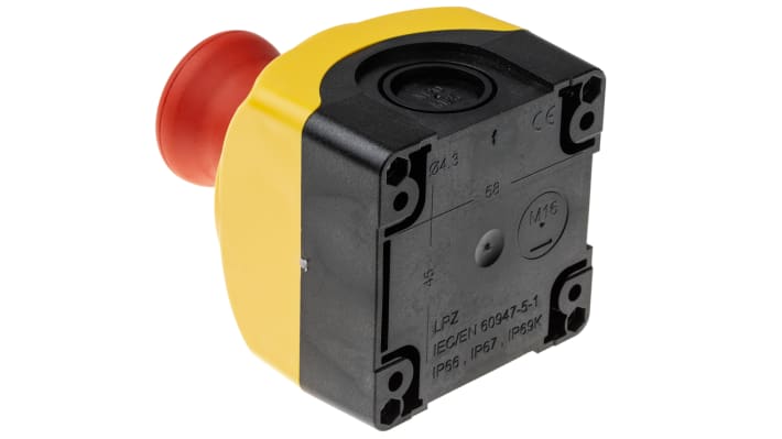 Pulsante di arresto di emergenza Lovato S1PY91, montaggio superficiale, testa a fungo, grado di protezione IP66/IP67/IP69K. Dimensioni 72x72x97.4 mm.