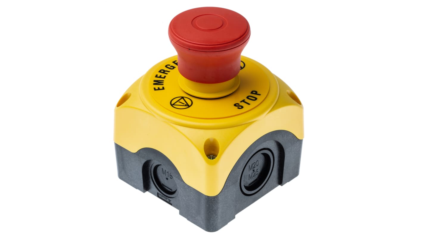 Pulsante di arresto di emergenza Lovato S1PY91P, testa a fungo rossa, montaggio superficiale, grado di protezione IP66/IP67/IP69K, dimensioni 72mm x 72mm x 97.4mm.