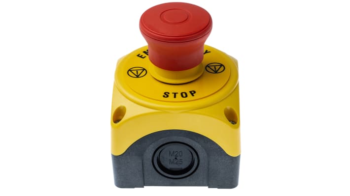Pulsante di arresto di emergenza Lovato S1PY91P, testa a fungo rossa, montaggio superficiale, grado di protezione IP66/IP67/IP69K, dimensioni 72mm x 72mm x 97.4mm.
