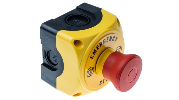 Pulsante di arresto di emergenza Lovato S1PY91P, testa a fungo rossa, montaggio superficiale, grado di protezione IP66/IP67/IP69K, dimensioni 72mm x 72mm x 97.4mm.