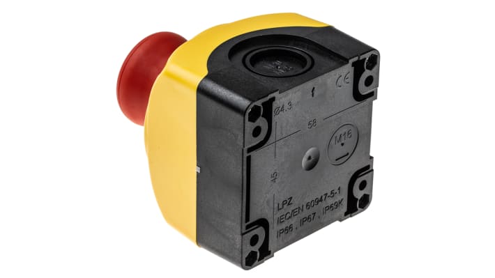 Pulsante di arresto di emergenza Lovato S1PY91P, testa a fungo rossa, montaggio superficiale, grado di protezione IP66/IP67/IP69K, dimensioni 72mm x 72mm x 97.4mm.