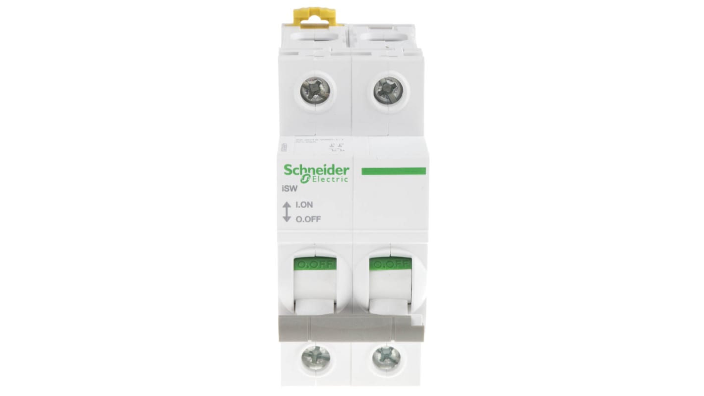 Interruttore di isolamento Schneider Electric A9S65263, 2P, 2 NO, 63A, 415V per il controllo sicuro dei circuiti sotto carico. Sicurezza con VisiSafe e opzioni personalizzabili.