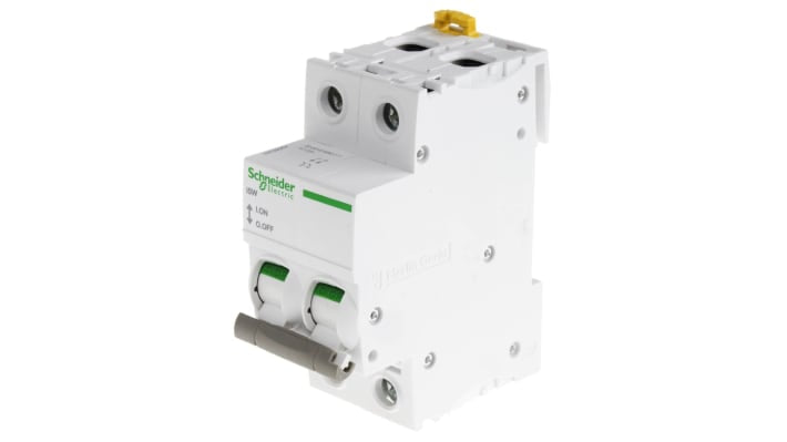 Interruttore di isolamento Schneider Electric A9S65263, 2P, 2 NO, 63A, 415V per il controllo sicuro dei circuiti sotto carico. Sicurezza con VisiSafe e opzioni personalizzabili.