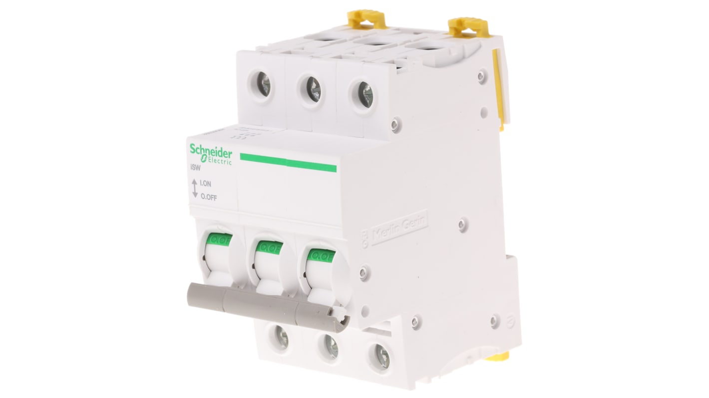 Interruttore di isolamento Schneider Electric A9S65392, 3 poli, 125 A, 240 V, IP20, con maniglia rotante e VisiSafe. Dimensioni 54x82x70 mm.