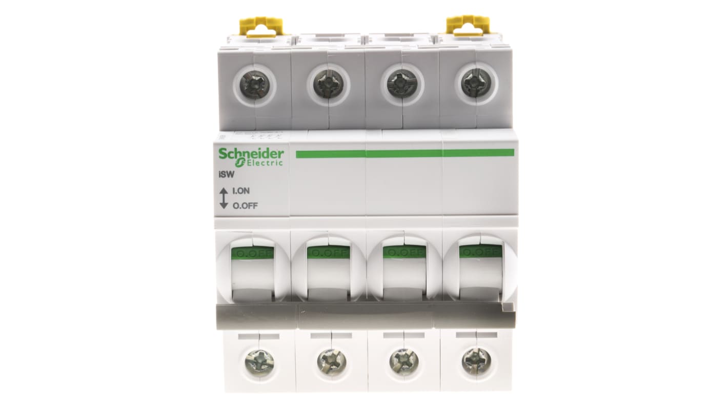 Interruttore di isolamento Schneider Electric A9S65463 iSW 4P 63A 415V IP20. VisiSafe per sicurezza e controllo circuiti sotto carico.