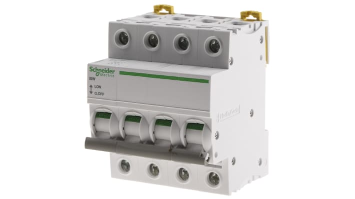 Interruttore di isolamento Schneider Electric A9S65463 iSW 4P 63A 415V IP20. VisiSafe per sicurezza e controllo circuiti sotto carico.