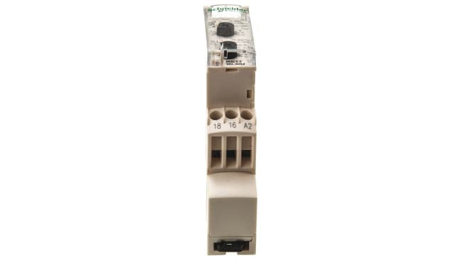 Timer relay Schneider Electric RE17RLMU per guida DIN, intervallo 0.1 s a 100 h, 2 poli, montaggio su guida DIN, dimensioni 17.5 mm x 90 mm x 72 mm.