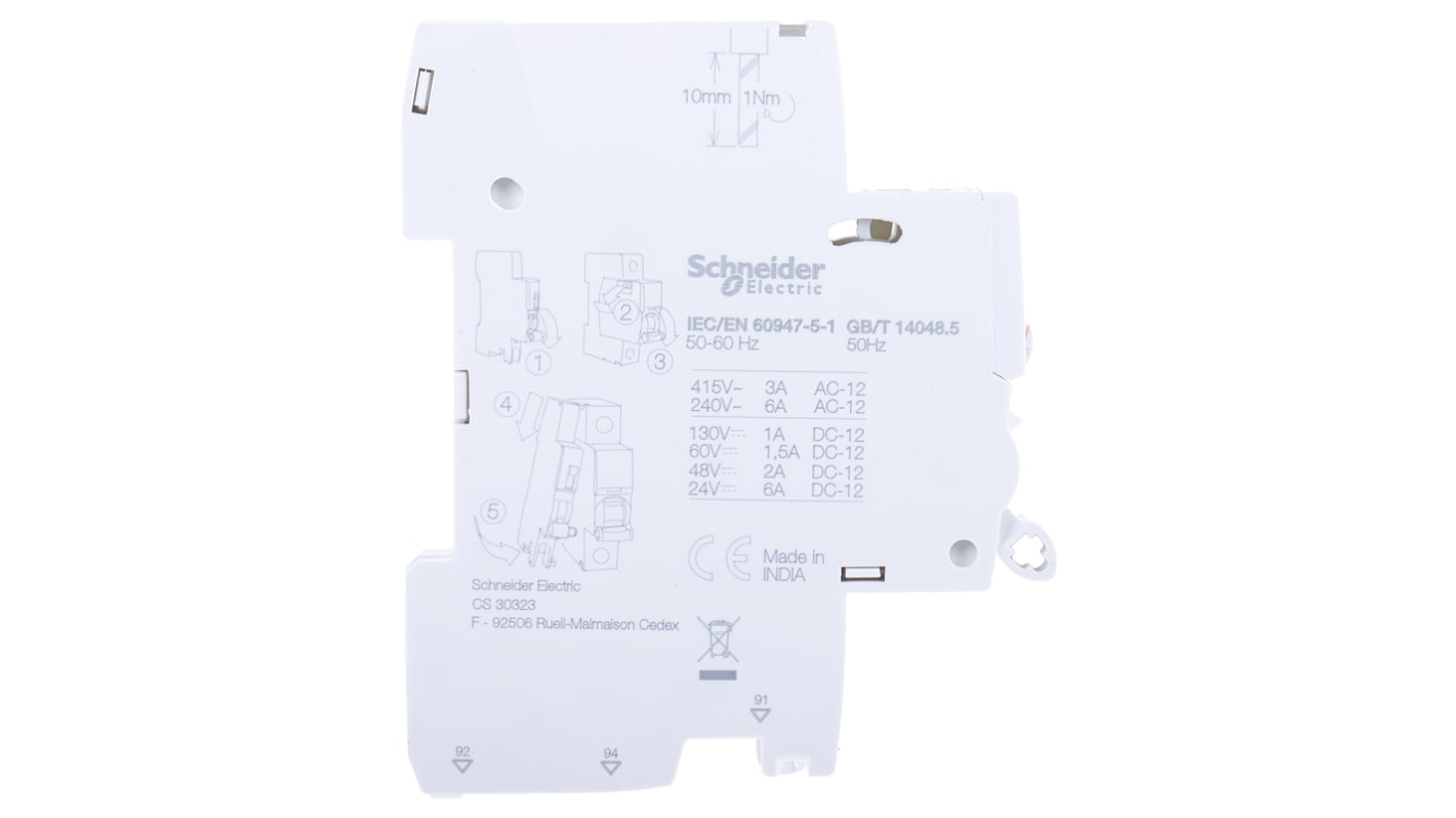 Schneider Electric A9A26927, modulo contatti 1CO per guida DIN, corrente nominale 2 A CC, 6 A CA, tensione 24-415 V, grado di protezione IP20.