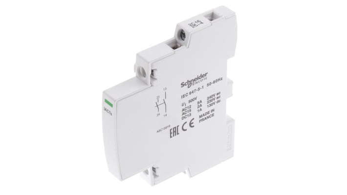 Contatto ausiliario Schneider Electric A9C15916, 2 contatti, montaggio su guida DIN, corrente 2 A, tensione 24-240 V.