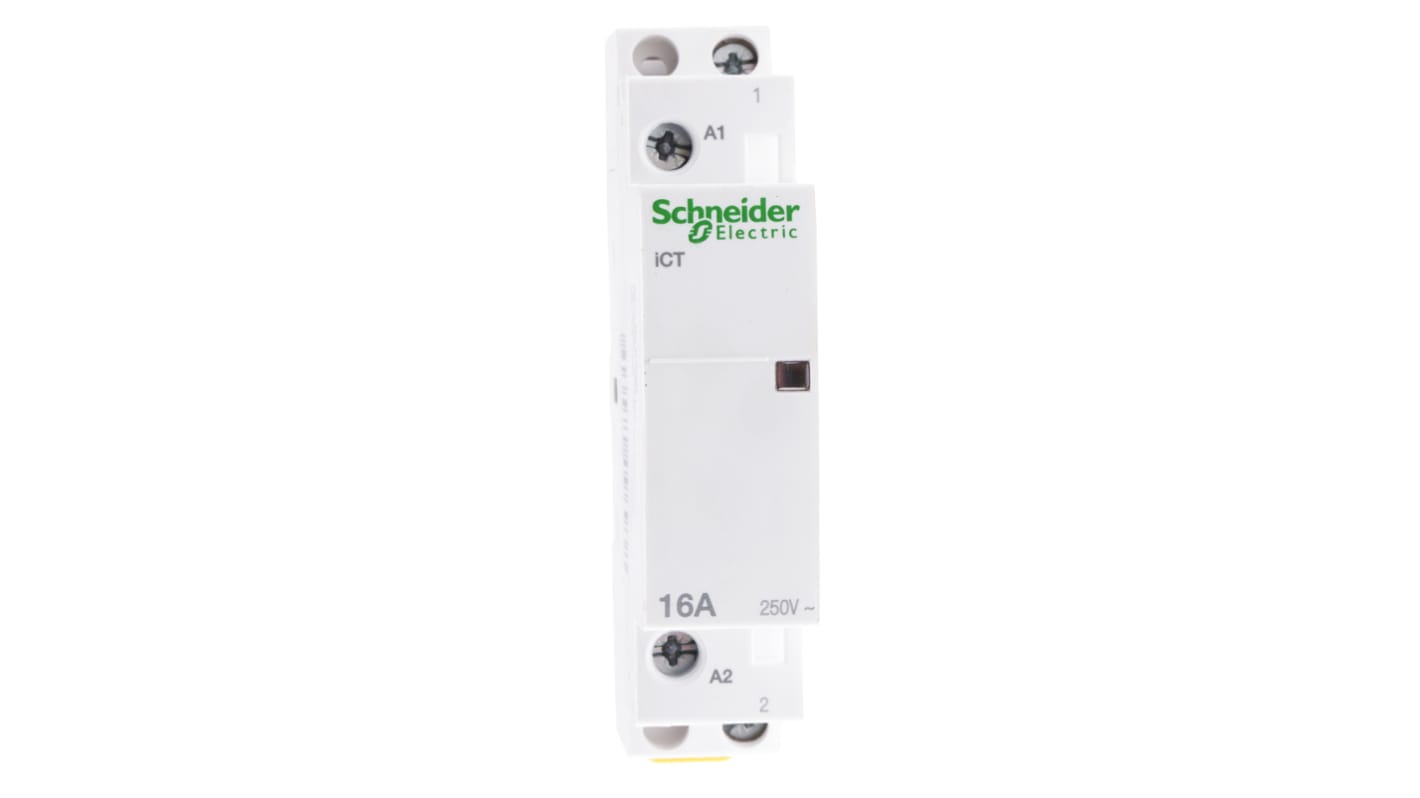 Contattore monofase Schneider Electric A9C22111, serie Acti 9 iCT, 16 A, 24 V c.a., montaggio su guida DIN, dimensioni 81x18x68 mm.