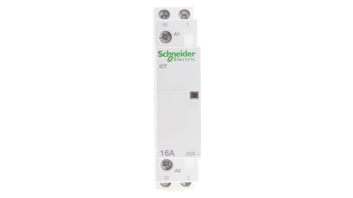 Contattore Schneider Electric A9C22015, 2 poli, 1 NO + 1 NC, montaggio su guida DIN, dimensioni 18 mm x 81 mm x 68 mm.