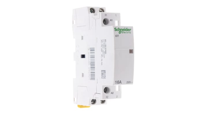 Contattore Schneider Electric A9C22015, 2 poli, 1 NO + 1 NC, montaggio su guida DIN, dimensioni 18 mm x 81 mm x 68 mm.