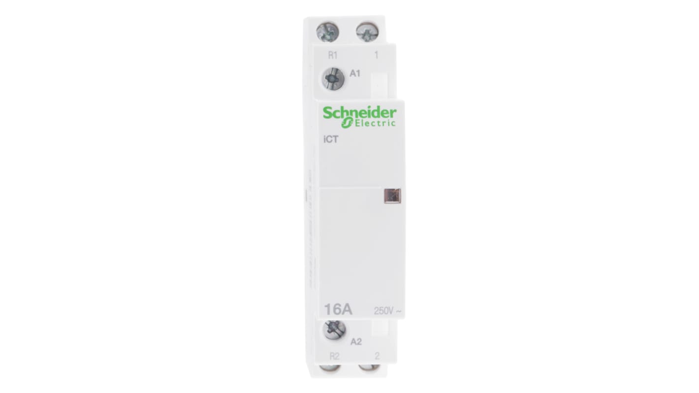 Contattore Schneider Electric iCT A9C22715, 2P 1NO + 1NC 16A 230V BOB. Ideale per carichi monofase/trifase, con contatti ausiliari e isolamento di classe 2.