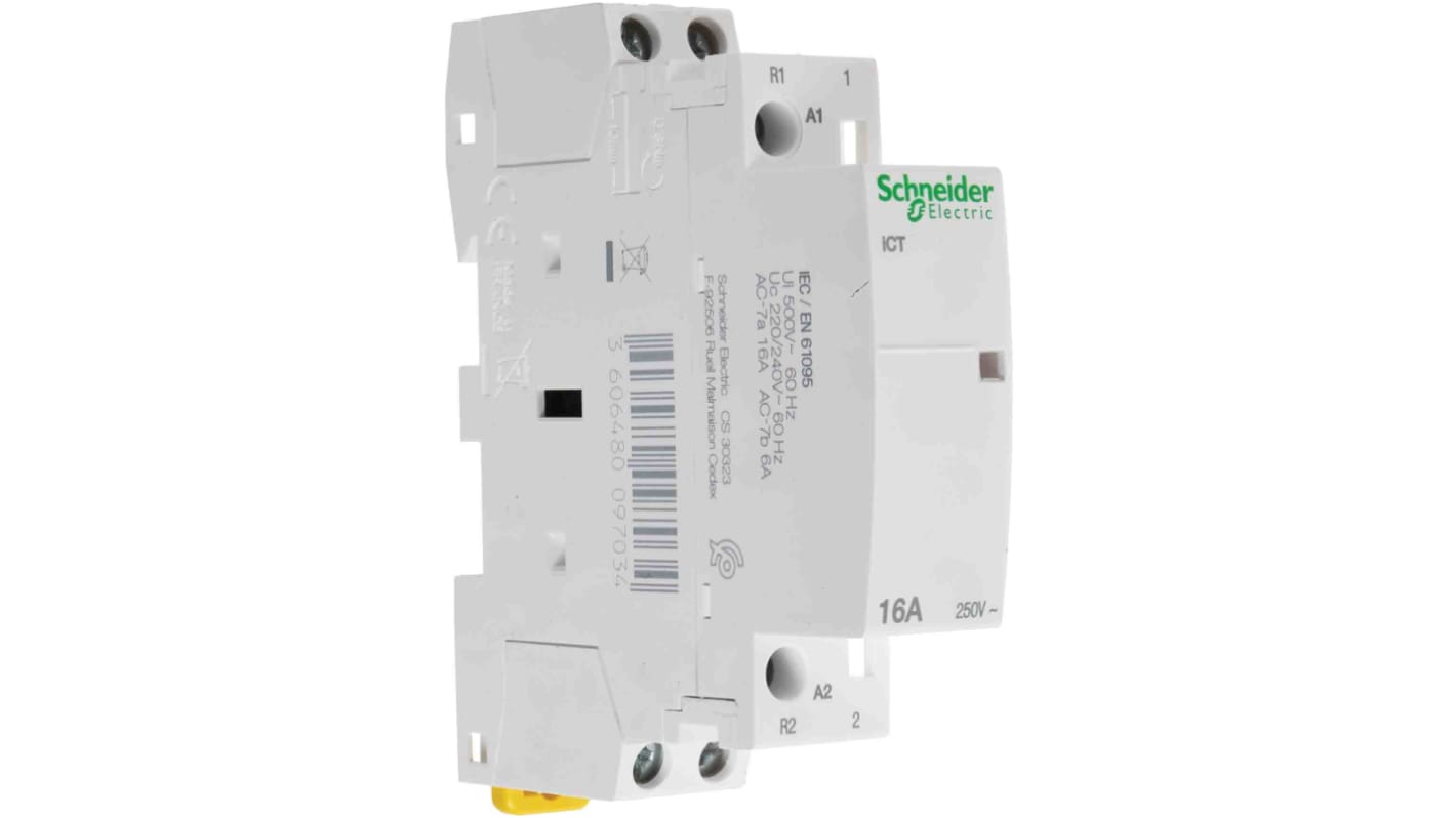 Contattore Schneider Electric A9C22615, 2 poli, 1 NO + 1 NC, montaggio su guida DIN, dimensioni 18 mm x 81 mm x 68 mm.