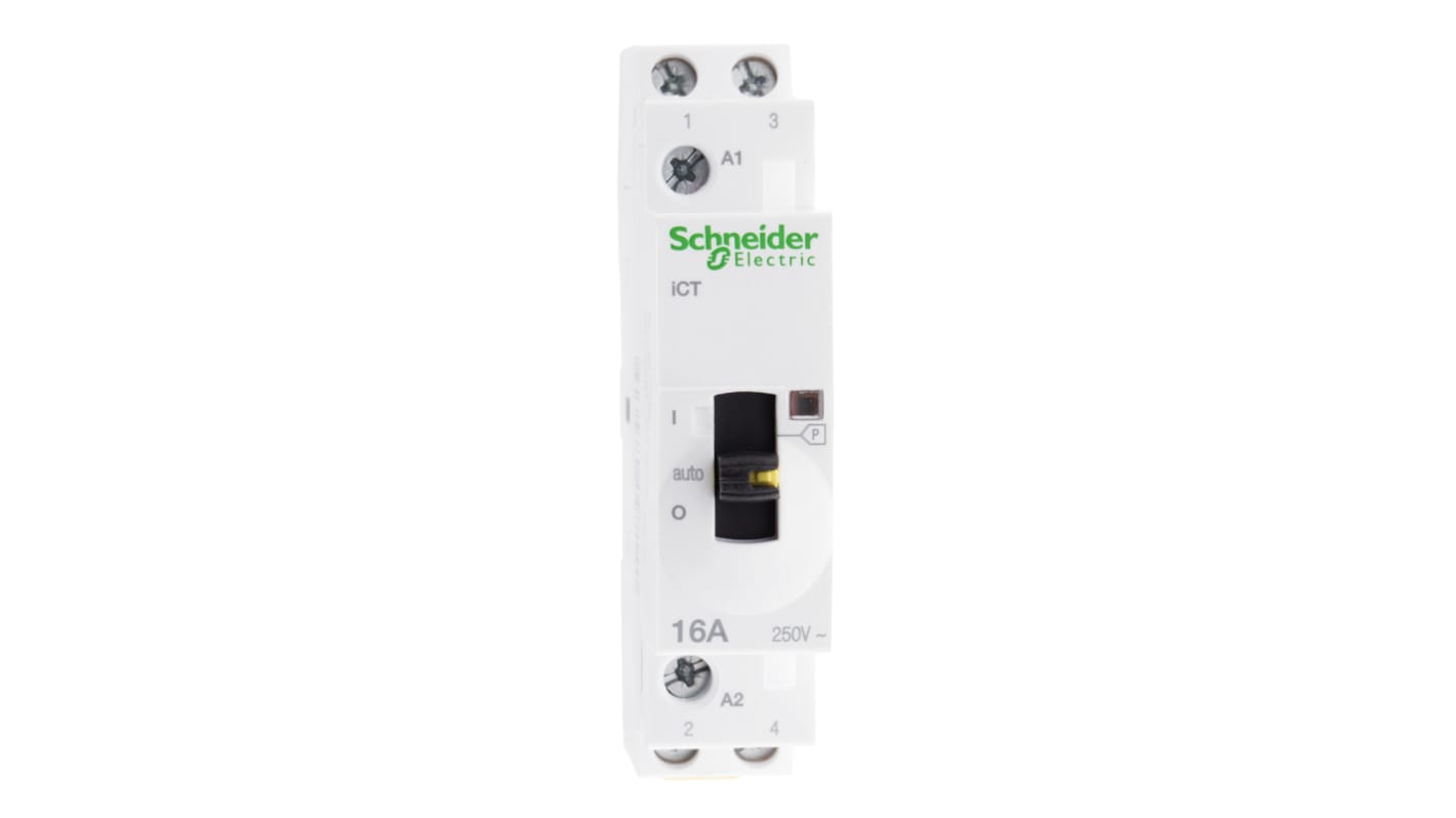 Contattore Schneider Electric A9C23712, 2 poli, 16 A, bobina 230 V, montaggio su guida DIN, dimensioni 18 mm x 81 mm x 73 mm.
