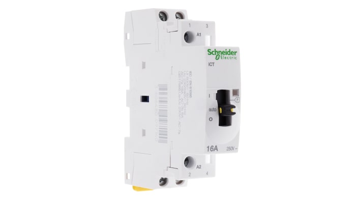 Contattore Schneider Electric A9C23712, 2 poli, 16 A, bobina 230 V, montaggio su guida DIN, dimensioni 18 mm x 81 mm x 73 mm.