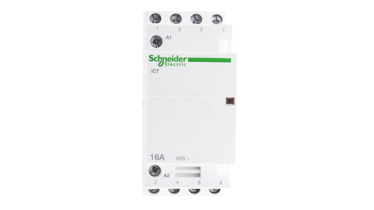 Contattore Schneider Electric A9C22814, 4 poli 4NO, 16 A, montaggio su guida DIN, dimensioni 36x81x68 mm, bobina 230 V.