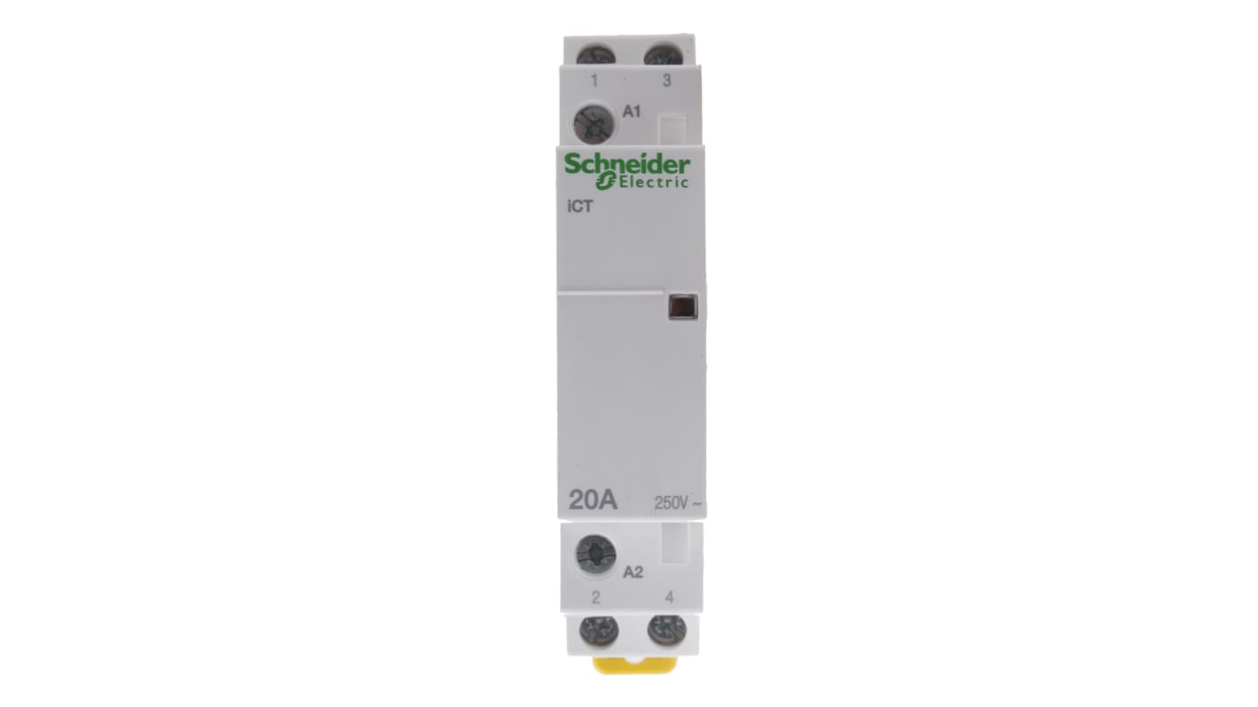 Contattore Schneider Electric A9C22722 iCT 2P 2NO 20A 230V AC per carichi monofase/trifase. Facile installazione, protezione IP20.