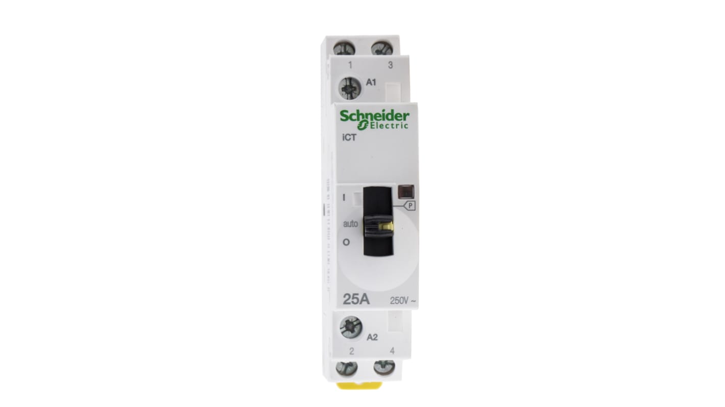Contattore Schneider Electric A9C21532, 2 poli, 25 A, montaggio su guida DIN, dimensioni 18 mm x 81 mm x 73 mm.