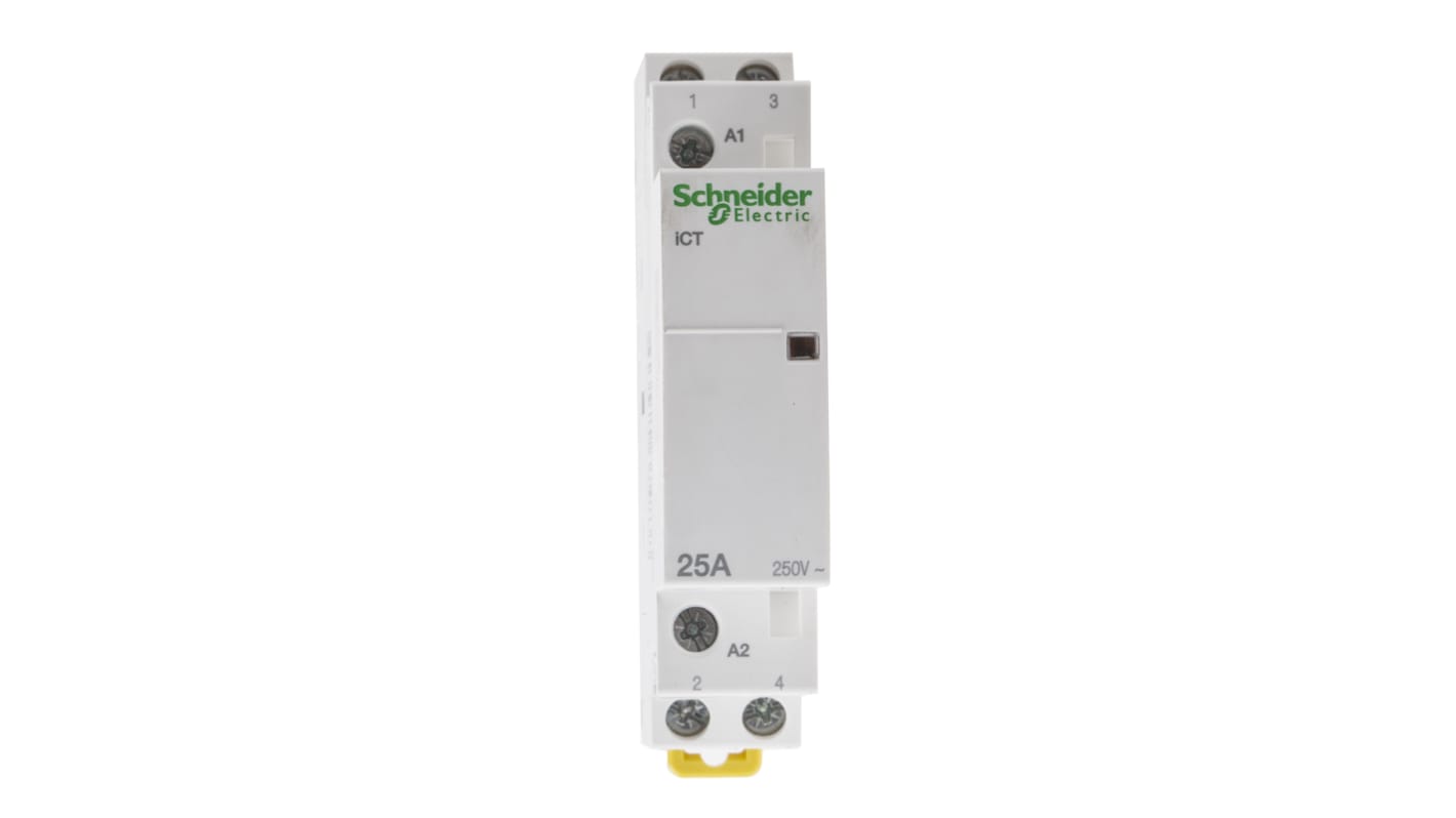 Contattore Schneider Electric A9C20232, serie iCT, 2 poli, 25 A, bobina 48 V c.a., montaggio su guida DIN, dimensioni 81x18x68 mm.