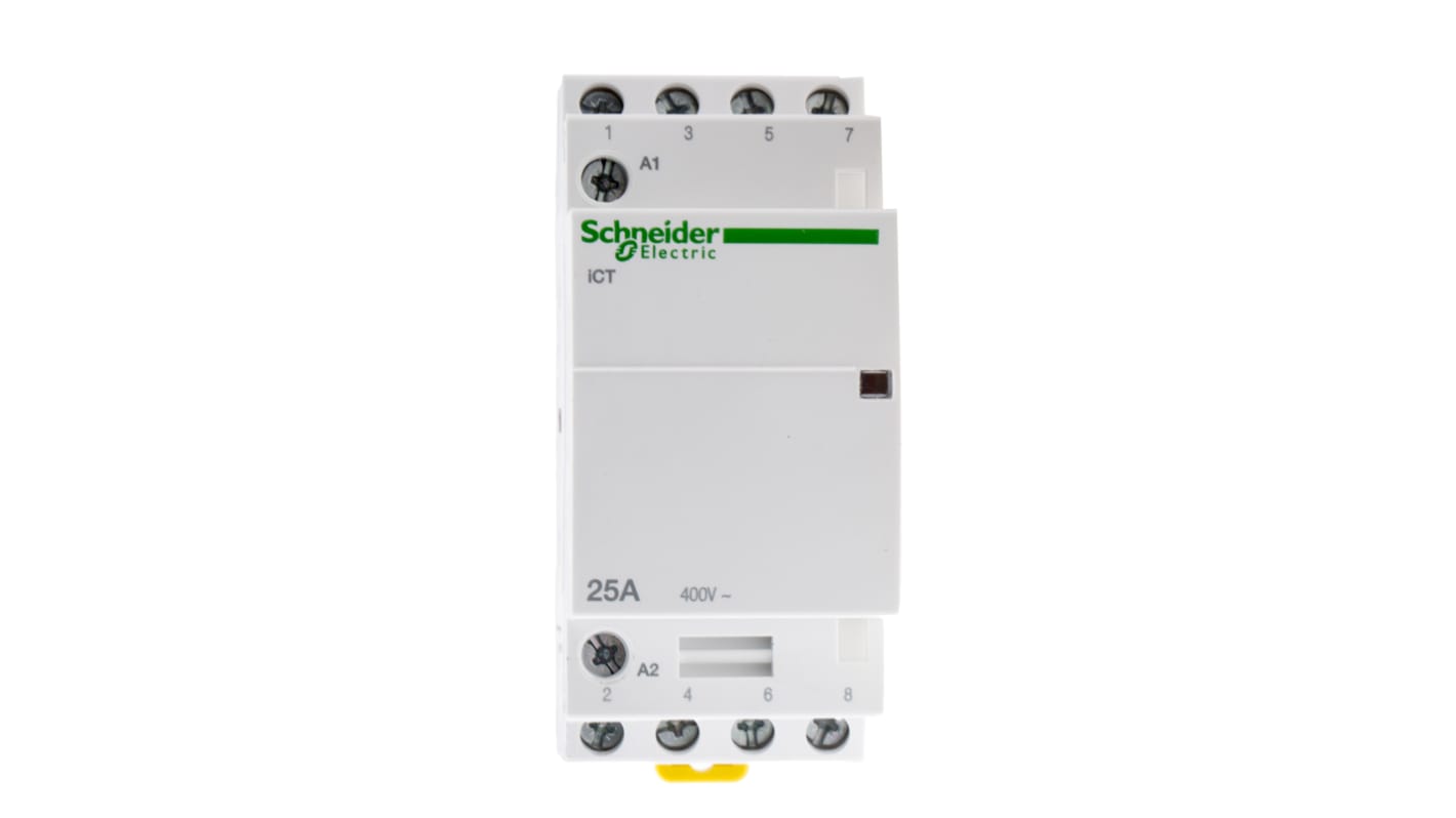 Contattore Schneider Electric iCT 4 poli 4NO 25A 24V CA - A9C20134. Ideale per carichi monofase/trifase, sicuro e compatto per applicazioni industriali.