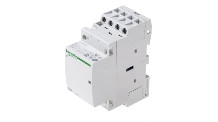 Contattore Schneider Electric iCT 4 poli 4NO 25A 24V CA - A9C20134. Ideale per carichi monofase/trifase, sicuro e compatto per applicazioni industriali.