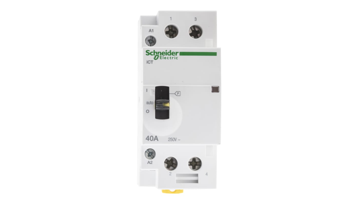 Contattore Schneider Electric A9C21842, serie iCT, 2 poli, 40 A, montaggio su guida DIN, dimensioni 36x85x73 mm.