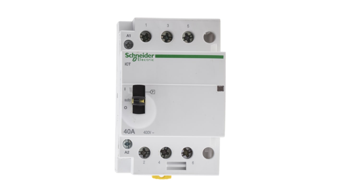 Contattore Schneider Electric A9C21843, 3 poli, 40 A, bobina 230 V, montaggio su guida DIN, dimensioni 54x85x73 mm.