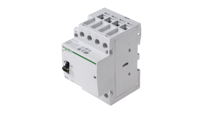 Contattore Schneider Electric A9C21843, 3 poli, 40 A, bobina 230 V, montaggio su guida DIN, dimensioni 54x85x73 mm.