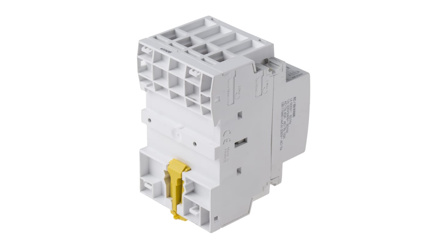 Contattore Schneider Electric A9C20847, 4 poli 4NC, 40 A, bobina 230 V, montaggio su guida DIN, dimensioni 54x85x68 mm.