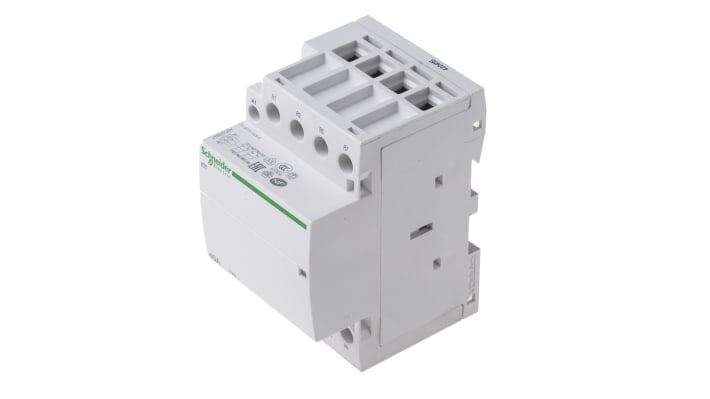 Contattore Schneider Electric A9C20847, 4 poli 4NC, 40 A, bobina 230 V, montaggio su guida DIN, dimensioni 54x85x68 mm.