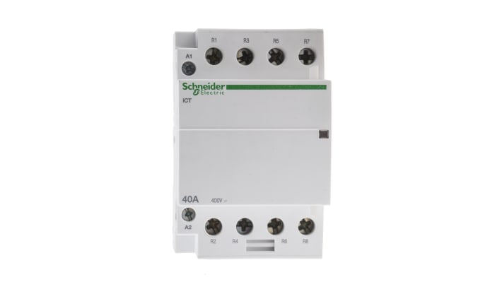 Contattore Schneider Electric A9C20847, 4 poli 4NC, 40 A, bobina 230 V, montaggio su guida DIN, dimensioni 54x85x68 mm.