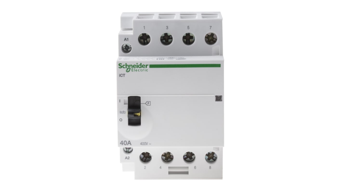 Contattore Schneider Electric A9C21844, 4 poli 4NO, 40 A, montaggio su guida DIN, dimensioni 85x54x73 mm, bobina 230 V.