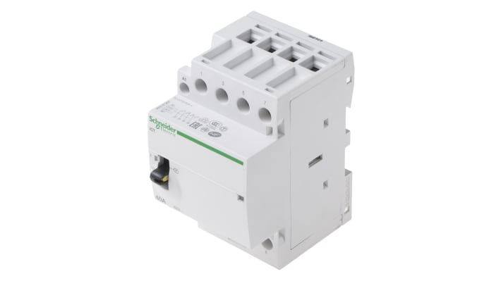 Contattore Schneider Electric A9C21844, 4 poli 4NO, 40 A, montaggio su guida DIN, dimensioni 85x54x73 mm, bobina 230 V.
