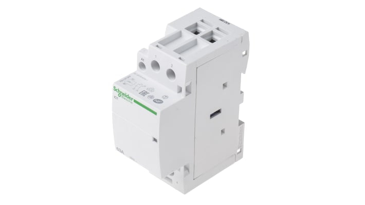 Contattore Schneider Electric A9C20162, serie iCT, 2 poli, 63 A, bobina 24 V c.a., montaggio su guida DIN, dimensioni 85x36x68 mm.