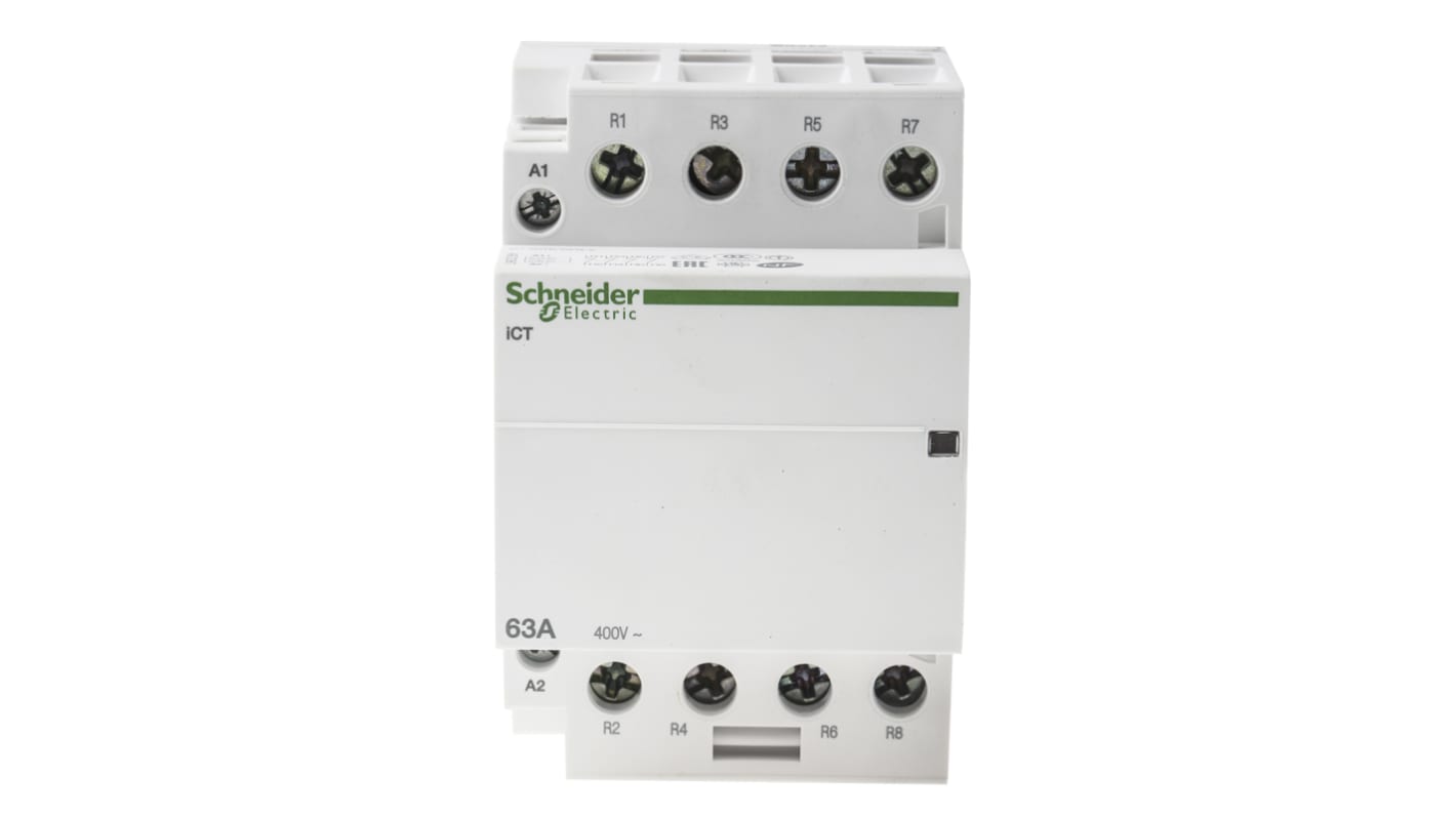 Contattore Schneider Electric A9C20867, 4 poli 4NC, 63 A, bobina 230 V, montaggio su guida DIN, dimensioni 85x54x68 mm.