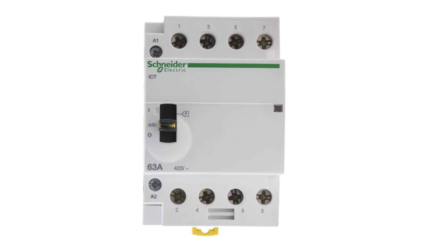 Contattore Schneider Electric A9C21864, 4 poli 4NO, 63 A, bobina 230 V, montaggio su guida DIN, dimensioni 54x85x73 mm.