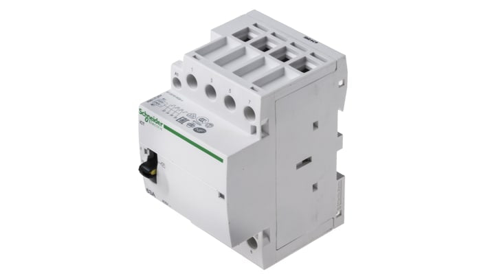 Contattore Schneider Electric A9C21864, 4 poli 4NO, 63 A, bobina 230 V, montaggio su guida DIN, dimensioni 54x85x73 mm.