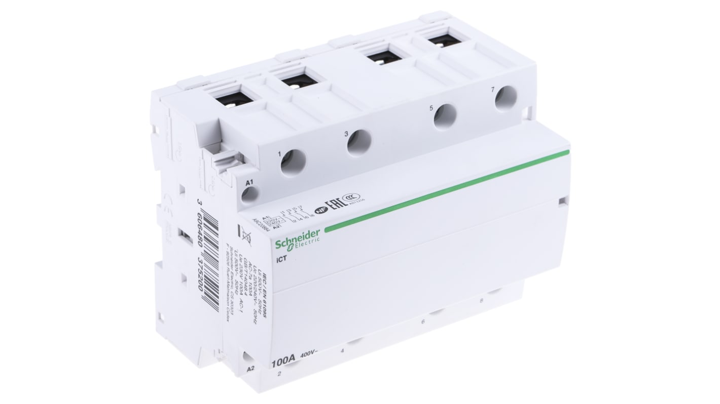 Contattore Schneider Electric A9C20884, 4 poli 4NO, 100 A, montaggio su guida DIN, dimensioni 85x108x68 mm, IP20.