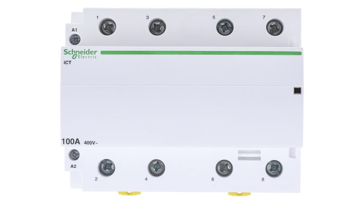 Contattore Schneider Electric A9C20884, 4 poli 4NO, 100 A, montaggio su guida DIN, dimensioni 85x108x68 mm, IP20.