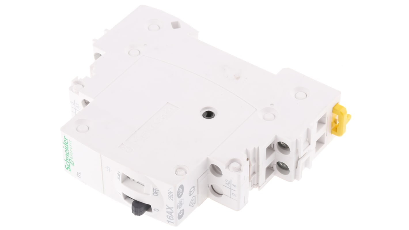Relè a impulsi Acti9 iTL Schneider Electric A9C30112, DPST, 12V dc, 24V ca. Controllo circuiti illuminazione zero consumo energetico.